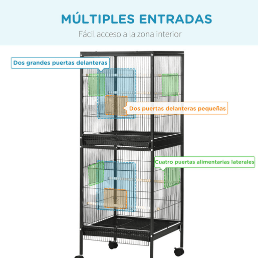 PawHut Gaiola para Pássaros com Rodas Gaiola Grande de 2 Níveis com Bandejas Removíveis Portas Comedouros Poleiros para Canários Periquitos 51,5x50x140 cm Preto