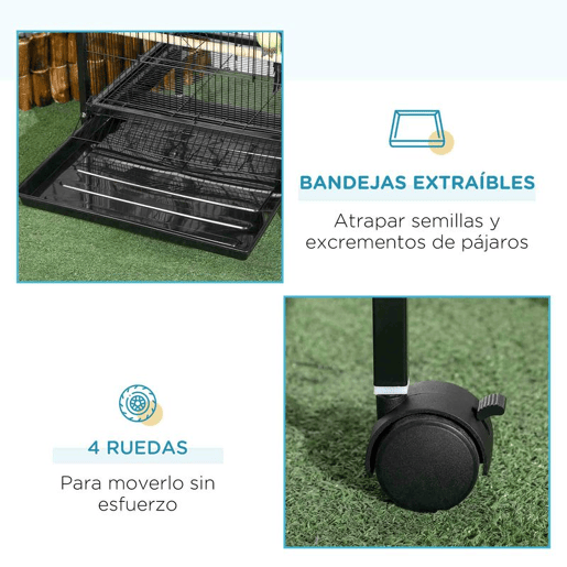 PawHut Gaiola para Pássaros com Rodas Gaiola Grande de 2 Níveis com Bandejas Removíveis Portas Comedouros Poleiros para Canários Periquitos 51,5x50x140 cm Preto