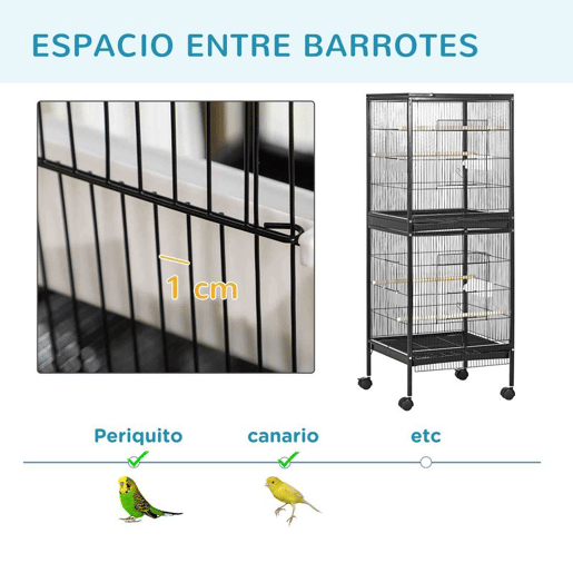 PawHut Gaiola para Pássaros com Rodas Gaiola Grande de 2 Níveis com Bandejas Removíveis Portas Comedouros Poleiros para Canários Periquitos 51,5x50x140 cm Preto