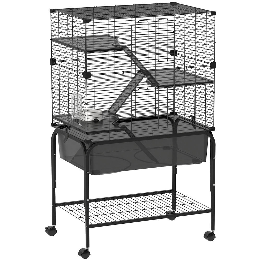 Pawhut jaula para animales pequeños de 4 niveles con ruedas jaula para roedores con bandeja profunda rampas plataformas comedero y bebedero recinto para chinchillas hurones hámster 73x47x123 cm negro