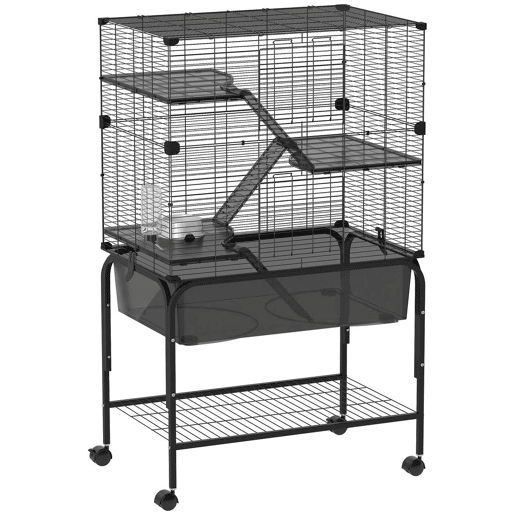 PawHut Gaiola para Pequenos Animais de 4 Níveis com Bandeja Inferior Gaiola para Roedores com Rampas Comedouro e Bebedouro Recinto para Chinchilas 73x47x123 cm Preto