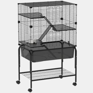 PawHut Gaiola para Pequenos Animais de 4 Níveis com Bandeja Inferior Gaiola para Roedores com Rampas Comedouro e Bebedouro Recinto para Chinchilas 73x47x123 cm Preto
