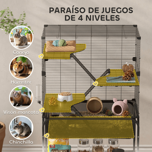 PawHut Gaiola para Pequenos Animais de 4 Níveis com Bandeja Inferior Gaiola para Roedores com Rampas Comedouro e Bebedouro Recinto para Chinchilas 73x47x123 cm Preto