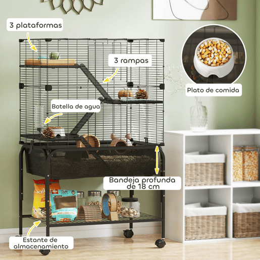 PawHut Gaiola para Pequenos Animais de 4 Níveis com Bandeja Inferior Gaiola para Roedores com Rampas Comedouro e Bebedouro Recinto para Chinchilas 73x47x123 cm Preto