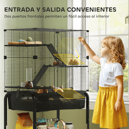 PawHut Gaiola para Pequenos Animais de 4 Níveis com Bandeja Inferior Gaiola para Roedores com Rampas Comedouro e Bebedouro Recinto para Chinchilas 73x47x123 cm Preto
