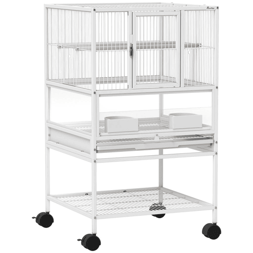 PawHut Gaiola para Pássaros Gaiola Grande com Rodas Painéis Acrílicos Comedouros Poleiros Prateleira Bandeja Amovível Gaiola para Papagaios Canários 48x46x83 cm Branco
