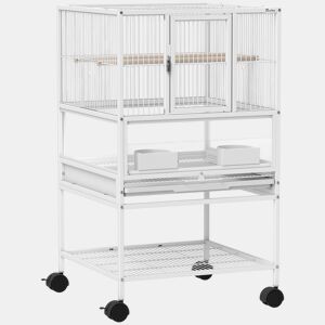 PawHut Gaiola para Pássaros Gaiola Grande com Rodas Painéis Acrílicos Comedouros Poleiros Prateleira Bandeja Amovível Gaiola para Papagaios Canários 48x46x83 cm Branco