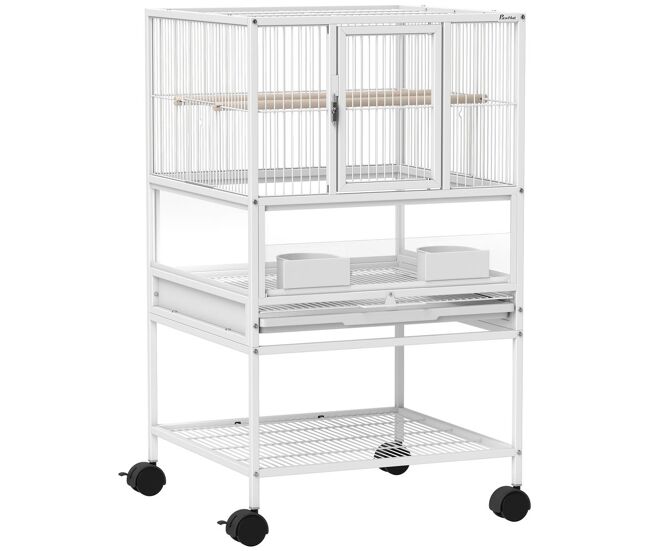 Pawhut jaula para pájaros jaula grande con ruedas paneles acrílicos comederos perchas estante bandejas extraíbles pajarera para loros canarios