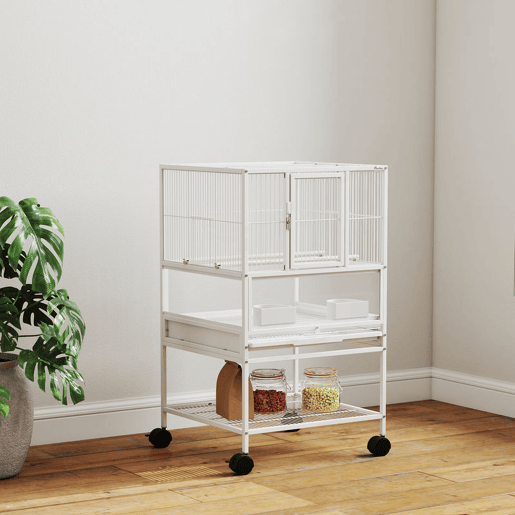 PawHut Gaiola para Pássaros Gaiola Grande com Rodas Painéis Acrílicos Comedouros Poleiros Prateleira Bandeja Amovível Gaiola para Papagaios Canários 48x46x83 cm Branco
