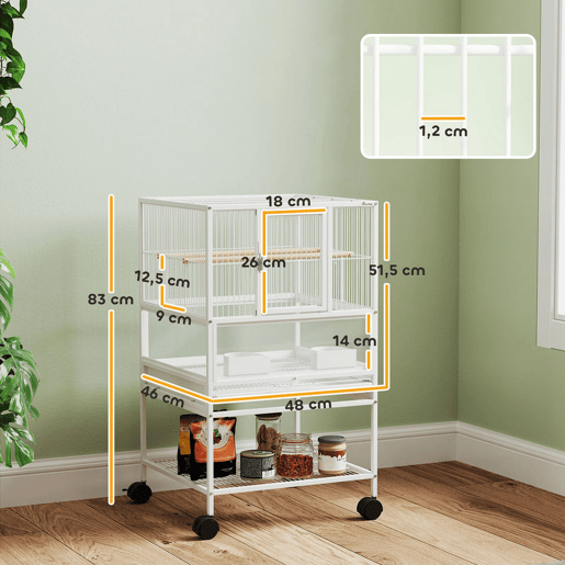 PawHut Gaiola para Pássaros Gaiola Grande com Rodas Painéis Acrílicos Comedouros Poleiros Prateleira Bandeja Amovível Gaiola para Papagaios Canários 48x46x83 cm Branco
