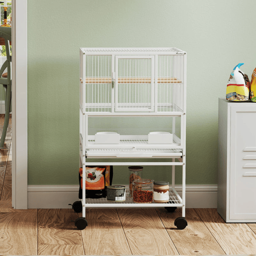 PawHut Gaiola para Pássaros Gaiola Grande com Rodas Painéis Acrílicos Comedouros Poleiros Prateleira Bandeja Amovível Gaiola para Papagaios Canários 48x46x83 cm Branco