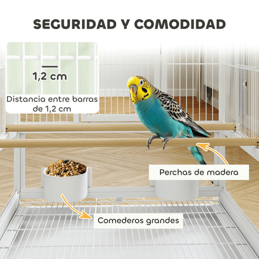 PawHut Gaiola para Pássaros Gaiola Grande com Rodas Painéis Acrílicos Comedouros Poleiros Prateleira Bandeja Amovível Gaiola para Papagaios Canários 48x46x83 cm Branco
