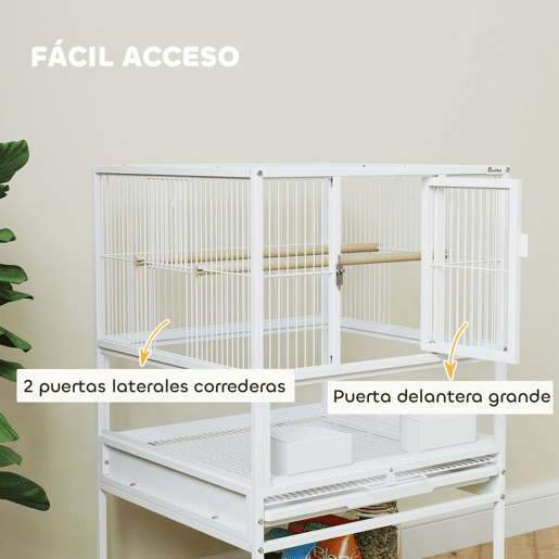 PawHut Gaiola para Pássaros Gaiola Grande com Rodas Painéis Acrílicos Comedouros Poleiros Prateleira Bandeja Amovível Gaiola para Papagaios Canários 48x46x83 cm Branco