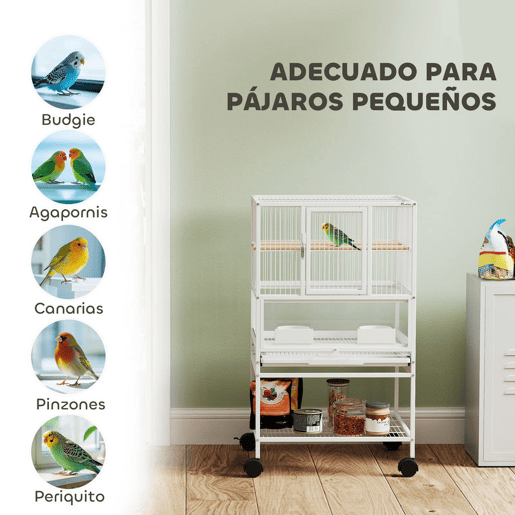PawHut Gaiola para Pássaros Gaiola Grande com Rodas Painéis Acrílicos Comedouros Poleiros Prateleira Bandeja Amovível Gaiola para Papagaios Canários 48x46x83 cm Branco