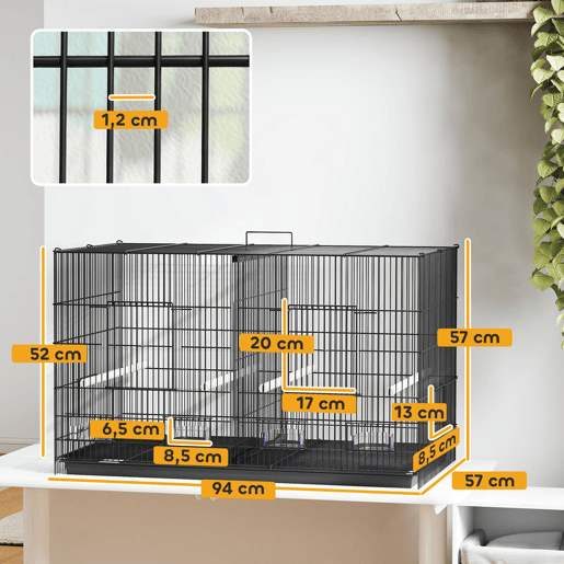 PawHut Gaiolaa para Pássaros com Divisória Gaiola para Aves Papagaios e Canários com Comedouros Poleiros e Bandeja Removível 94x57x57 cm Preto