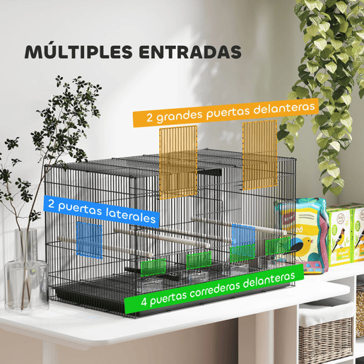 PawHut Gaiolaa para Pássaros com Divisória Gaiola para Aves Papagaios e Canários com Comedouros Poleiros e Bandeja Removível 94x57x57 cm Preto