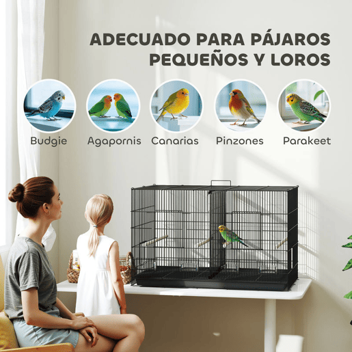 PawHut Gaiolaa para Pássaros com Divisória Gaiola para Aves Papagaios e Canários com Comedouros Poleiros e Bandeja Removível 94x57x57 cm Preto