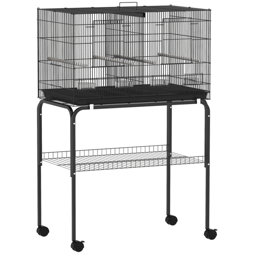 PawHut Gaiola para Pássaros com Divisória Gaiola com Rodas para Aves Papagaios Canários Gaiola para Aves com Comedouros Poleiros e Bandeja Removível, 76x46x116 cm Preto