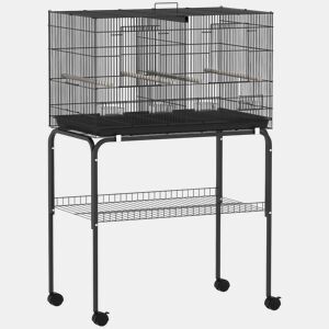 PawHut Gaiola para Pássaros com Divisória Gaiola com Rodas para Aves Papagaios Canários Gaiola para Aves com Comedouros Poleiros e Bandeja Removível, 76x46x116 cm Preto