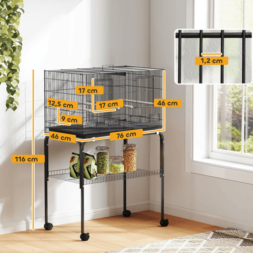 PawHut Gaiola para Pássaros com Divisória Gaiola com Rodas para Aves Papagaios Canários Gaiola para Aves com Comedouros Poleiros e Bandeja Removível, 76x46x116 cm Preto