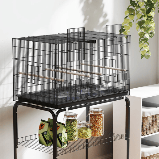 PawHut Gaiola para Pássaros com Divisória Gaiola com Rodas para Aves Papagaios Canários Gaiola para Aves com Comedouros Poleiros e Bandeja Removível, 76x46x116 cm Preto