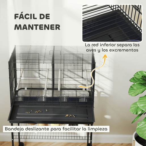 PawHut Gaiola para Pássaros com Divisória Gaiola com Rodas para Aves Papagaios Canários Gaiola para Aves com Comedouros Poleiros e Bandeja Removível, 76x46x116 cm Preto