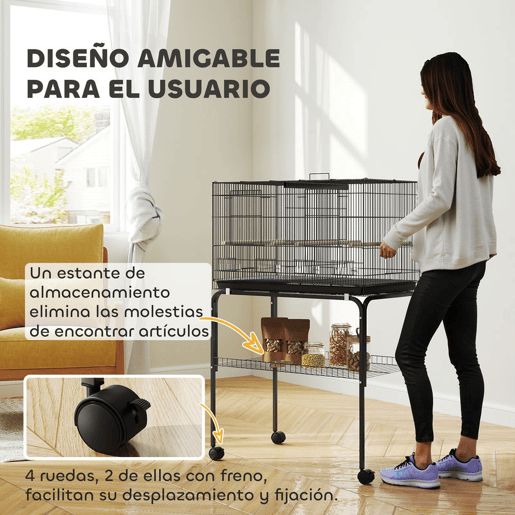 PawHut Gaiola para Pássaros com Divisória Gaiola com Rodas para Aves Papagaios Canários Gaiola para Aves com Comedouros Poleiros e Bandeja Removível, 76x46x116 cm Preto