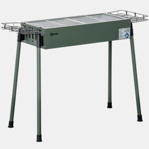 Outsunny Barbecue a Carvão com 2 Grelhas de Aço Inoxidável Barbecue Portátil com 2 Prateleiras para Temperos com Ganchos para Campismo Jardim 77x30x70 cm Verde