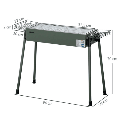 Outsunny Barbecue a Carvão com 2 Grelhas de Aço Inoxidável Barbecue Portátil com 2 Prateleiras para Temperos com Ganchos para Campismo Jardim 77x30x70 cm Verde