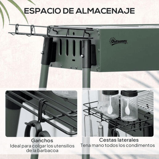 Outsunny Barbecue a Carvão com 2 Grelhas de Aço Inoxidável Barbecue Portátil com 2 Prateleiras para Temperos com Ganchos para Campismo Jardim 77x30x70 cm Verde