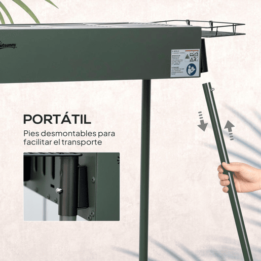 Outsunny Barbecue a Carvão com 2 Grelhas de Aço Inoxidável Barbecue Portátil com 2 Prateleiras para Temperos com Ganchos para Campismo Jardim 77x30x70 cm Verde