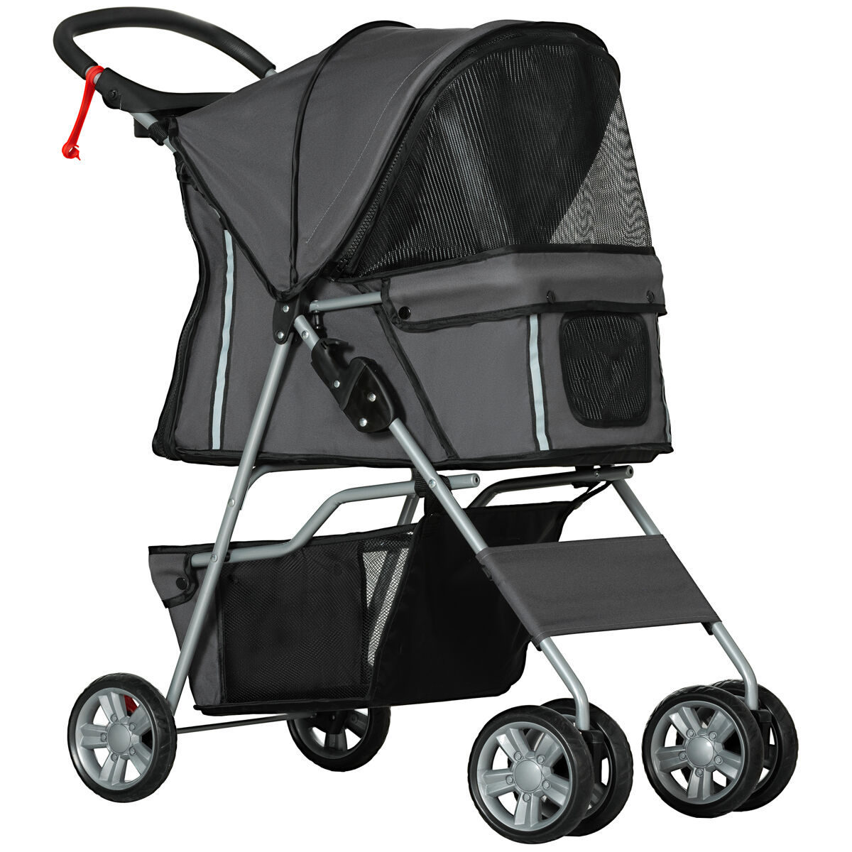 Pawhut carrito para perros plegable, cochecito para perros pequeños con cesta de almacenaje, ventanas de malla, portavasos, ruedas de eva, cojín lavable, frenos, carga 10 kg, 75x45x97 cm, gris oscuro