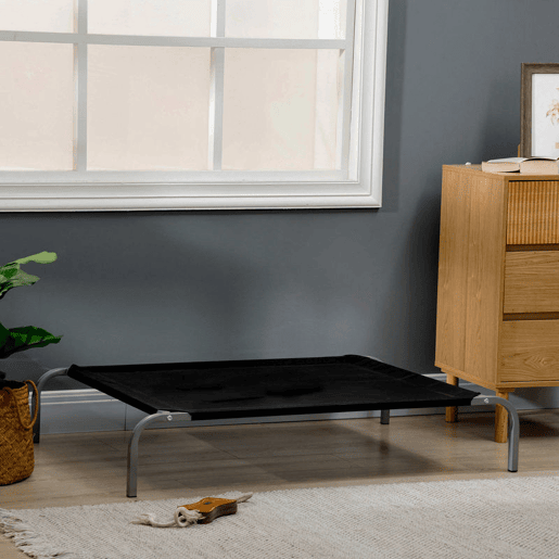 PawHut Cama Elevada para Animais de Estimação Cama para Cães e Gatos Desmontável Tecido Textilene Exterior Jardim Terraço 110x75x20 cm Preto