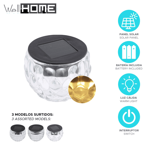 Luz solar de vidro Well Home com painel solar e pilha AAA incluída