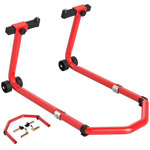 HOMCOM Suporte Roda Dianteira e Traseira para Mota Carga 390 kg Cavalete Moto Elevador Universal com Adaptadores de Garfos em U e L Ajustáveis e Rodas para Reparação Manutenção Vermelho