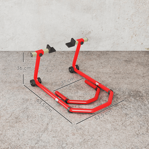 HOMCOM Suporte Roda Dianteira e Traseira para Mota Carga 390 kg Cavalete Moto Elevador Universal com Adaptadores de Garfos em U e L Ajustáveis e Rodas para Reparação Manutenção Vermelho