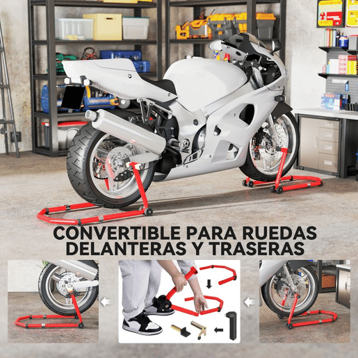 HOMCOM Suporte Roda Dianteira e Traseira para Mota Carga 390 kg Cavalete Moto Elevador Universal com Adaptadores de Garfos em U e L Ajustáveis e Rodas para Reparação Manutenção Vermelho