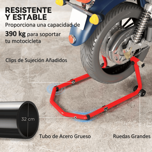 HOMCOM Suporte Roda Dianteira e Traseira para Mota Carga 390 kg Cavalete Moto Elevador Universal com Adaptadores de Garfos em U e L Ajustáveis e Rodas para Reparação Manutenção Vermelho