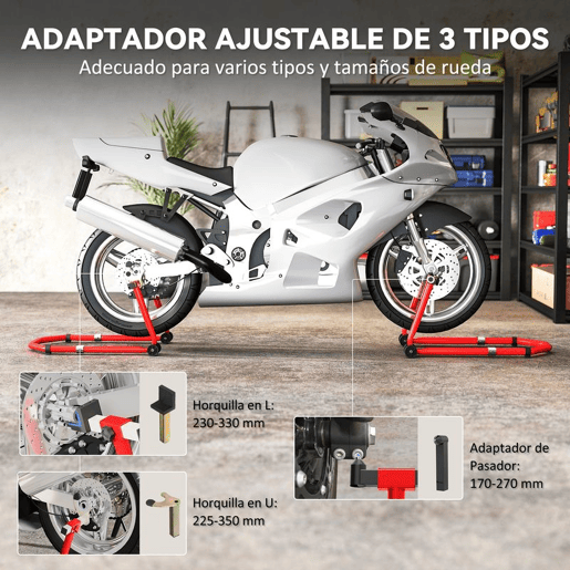 HOMCOM Suporte Roda Dianteira e Traseira para Mota Carga 390 kg Cavalete Moto Elevador Universal com Adaptadores de Garfos em U e L Ajustáveis e Rodas para Reparação Manutenção Vermelho