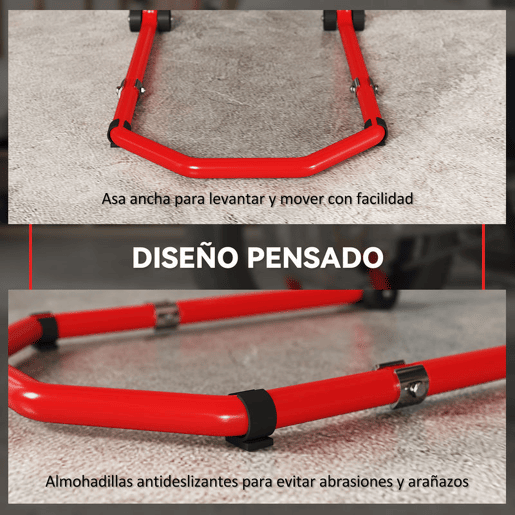 HOMCOM Suporte Roda Dianteira e Traseira para Mota Carga 390 kg Cavalete Moto Elevador Universal com Adaptadores de Garfos em U e L Ajustáveis e Rodas para Reparação Manutenção Vermelho