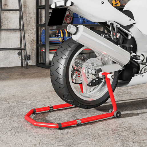 HOMCOM Suporte Roda Dianteira e Traseira para Mota Carga 390 kg Cavalete Moto Elevador Universal com Adaptadores de Garfos em U e L Ajustáveis e Rodas para Reparação Manutenção Vermelho