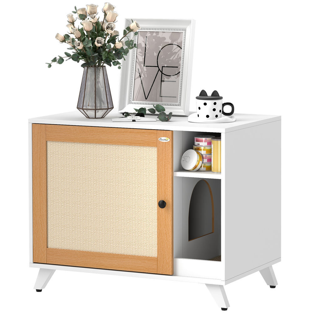 Pawhut mueble arenero para gatos caja de arena para gatos con puerta con almohadilla para rascar y compartimento arenero para salón dormitorio 77x50x63 cm blanco