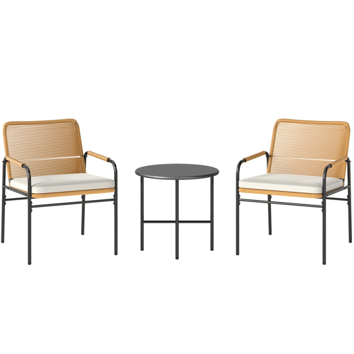 Outsunny Conjunto de Jardim de 3 Peças Móveis de Jardim com 2 Cadeiras com Almofadas Removíveis e Laváveis e Mesa com Bancada de Metal Resistente para Varanda Pátio Madeira e Creme