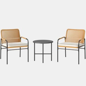 Outsunny Conjunto de Jardim de 3 Peças Móveis de Jardim com 2 Cadeiras com Almofadas Removíveis e Laváveis e Mesa com Bancada de Metal Resistente para Varanda Pátio Madeira e Creme