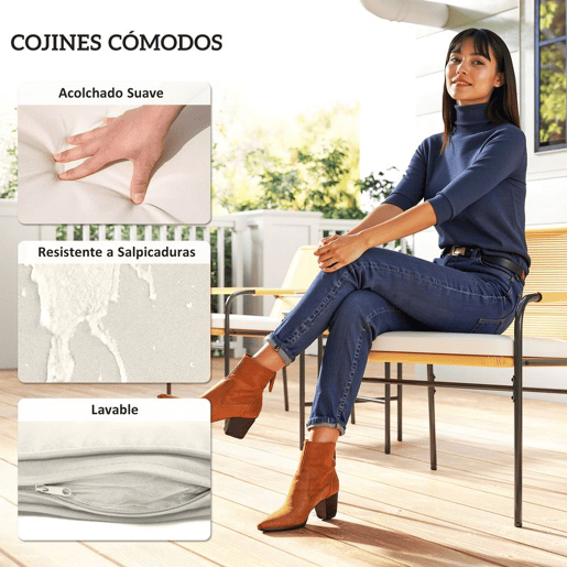 Outsunny Conjunto de Jardim de 3 Peças Móveis de Jardim com 2 Cadeiras com Almofadas Removíveis e Laváveis e Mesa com Bancada de Metal Resistente para Varanda Pátio Madeira e Creme