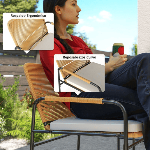 Outsunny Conjunto de Jardim de 3 Peças Móveis de Jardim com 2 Cadeiras com Almofadas Removíveis e Laváveis e Mesa com Bancada de Metal Resistente para Varanda Pátio Madeira e Creme