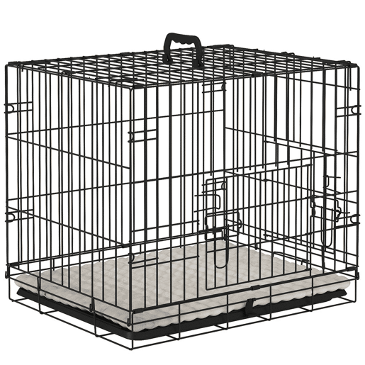 PawHut Jaula Dobrável para Cães Pequenos com Almofada, 2 Portas, Tabuleiro Removível e Estrutura Metálica, 60x45x50 cm, Preto e Bege