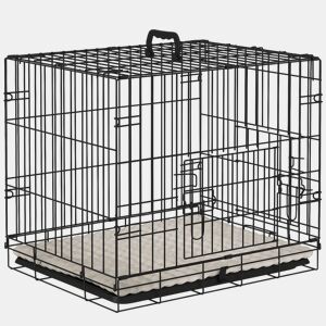 PawHut Jaula Dobrável para Cães Pequenos com Almofada, 2 Portas, Tabuleiro Removível e Estrutura Metálica, 60x45x50 cm, Preto e Bege