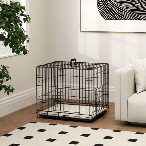 PawHut Jaula Dobrável para Cães Pequenos com Almofada, 2 Portas, Tabuleiro Removível e Estrutura Metálica, 60x45x50 cm, Preto e Bege