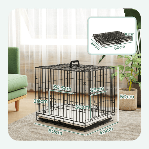 PawHut Jaula Dobrável para Cães Pequenos com Almofada, 2 Portas, Tabuleiro Removível e Estrutura Metálica, 60x45x50 cm, Preto e Bege
